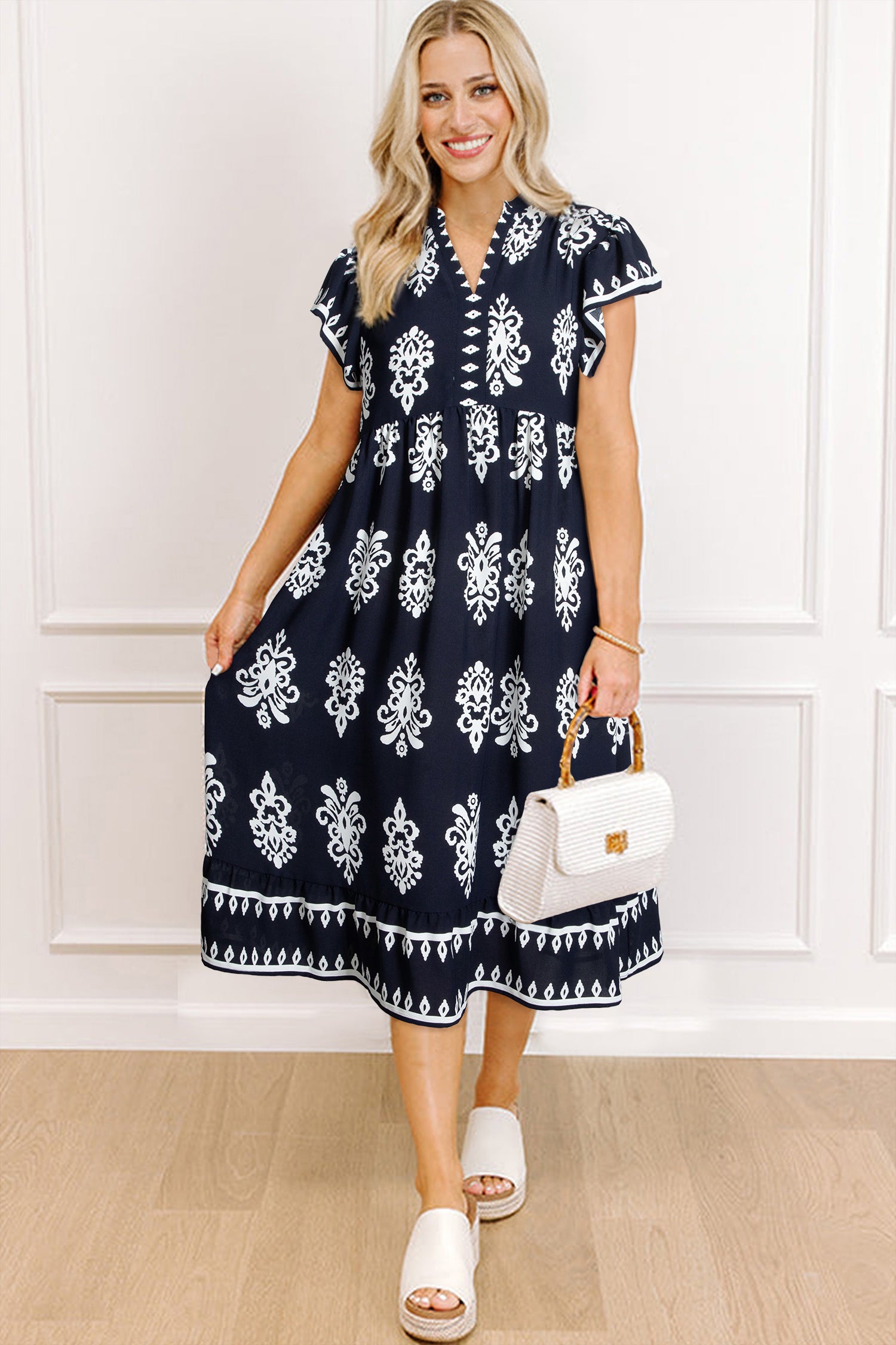 Blue Western Ethnic Print Notched Neck Short Sleeve Midi Dress