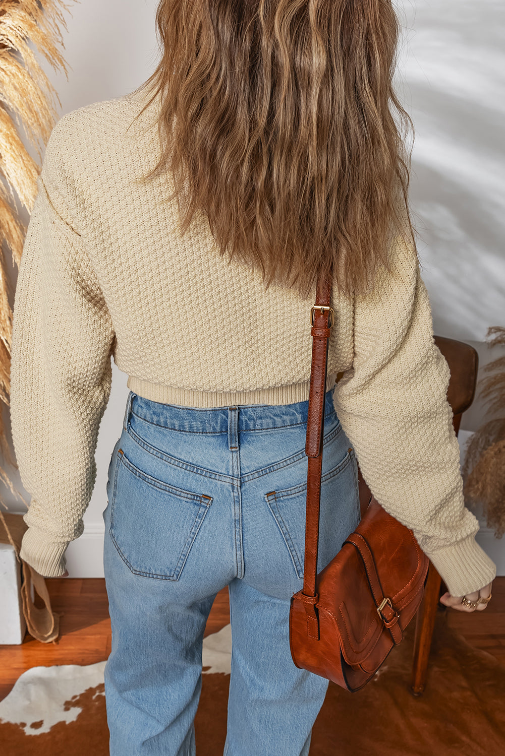 Beige Button Front Cropped Cardigan Sweater