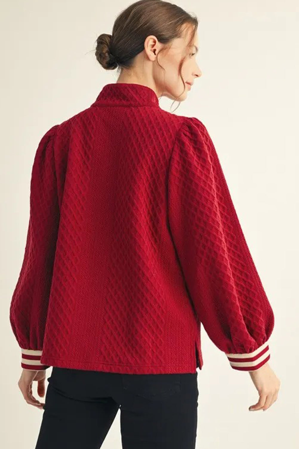 Racing Red Rhombus Textured Striped Patchwork Zip Neck Pullover Sweatshirt