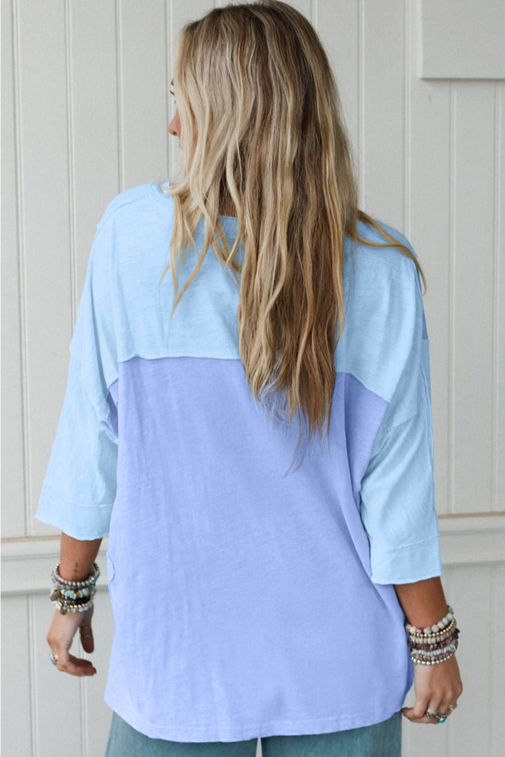 Light Blue Flower Patched Exposed Seam 3/4 Sleeve top