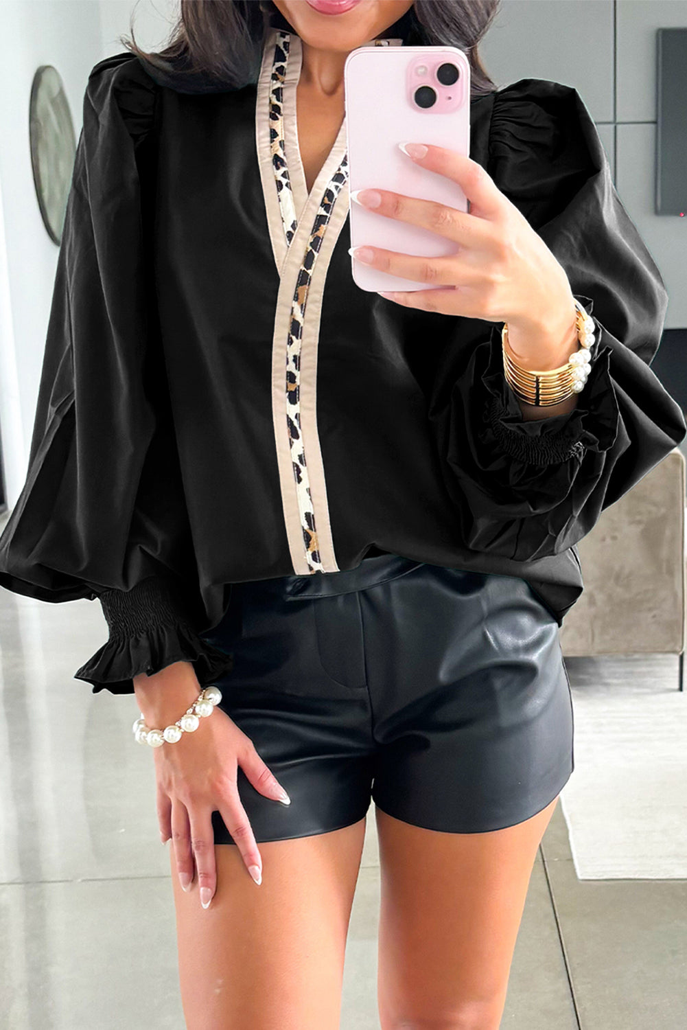 Black Smocked Puff Sleeve Leopard Trim V Neck Blouse