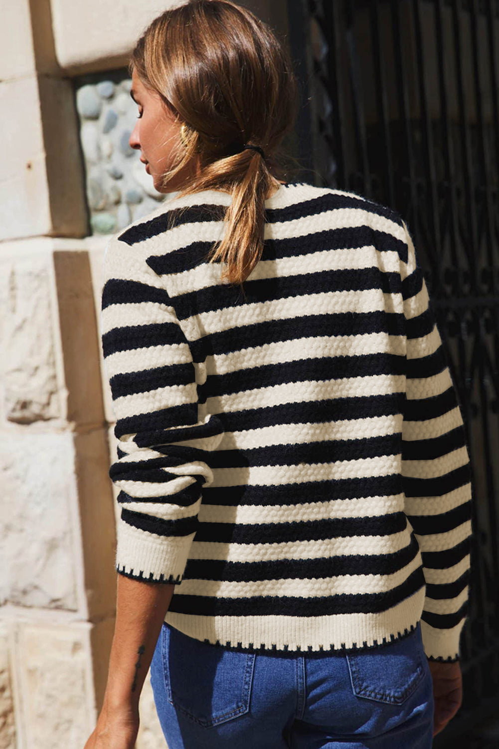 Black Striped Chic Button Round Neck Knit Cardigan