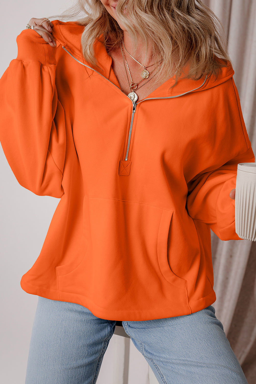 Orange Half Zipper Kangaroo Pockets Drop Shoulder Hoodie