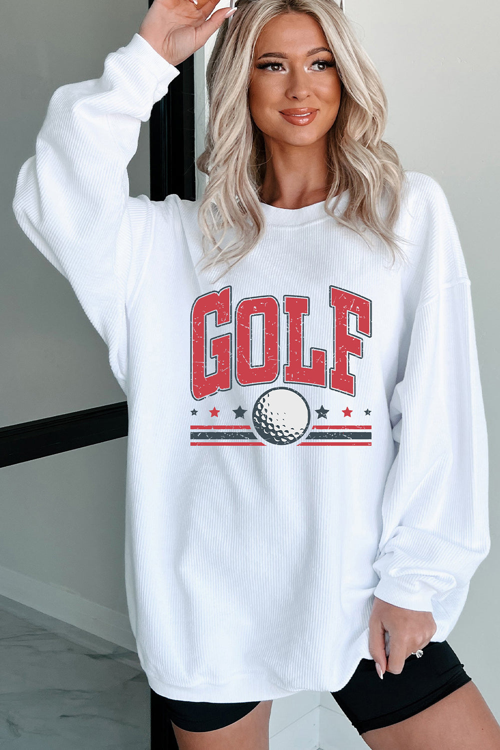 White GOLF Ball Print Ribbed Drop Shoulder Baggy Sweatshirt