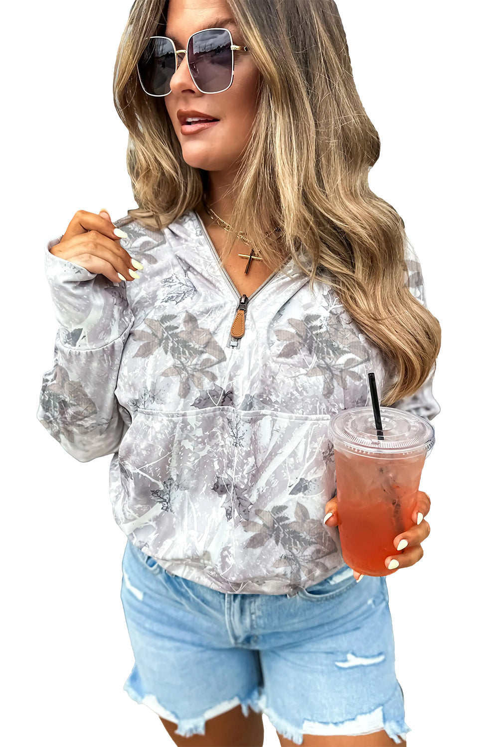 Sweat à capuche zippé quart de tour à poche kangourou et imprimé camouflage gris