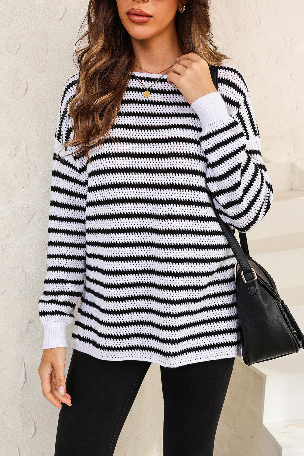 White Striped Knit Split Hem Baggy Sweater