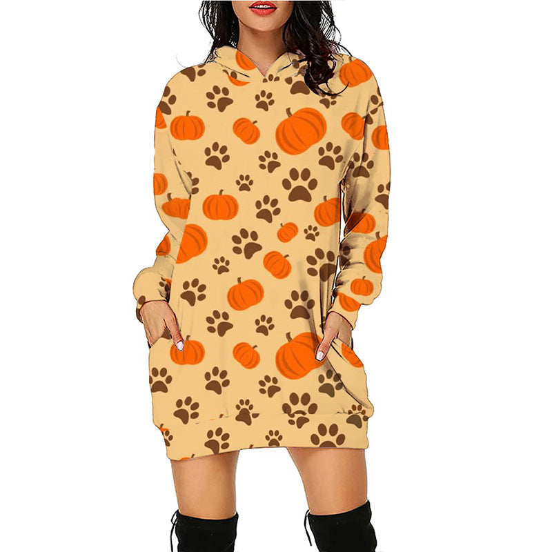 Women Halloween Pumpkin Print Hoodie Dress