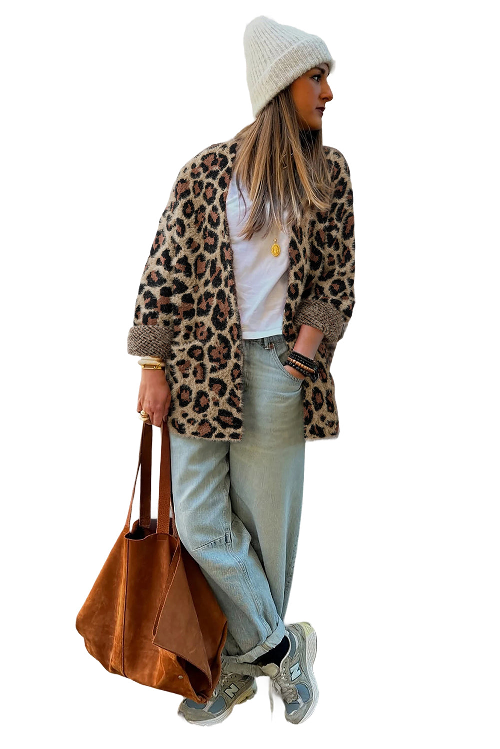 Brown Leopard Open Front Fuzzy Cardigan