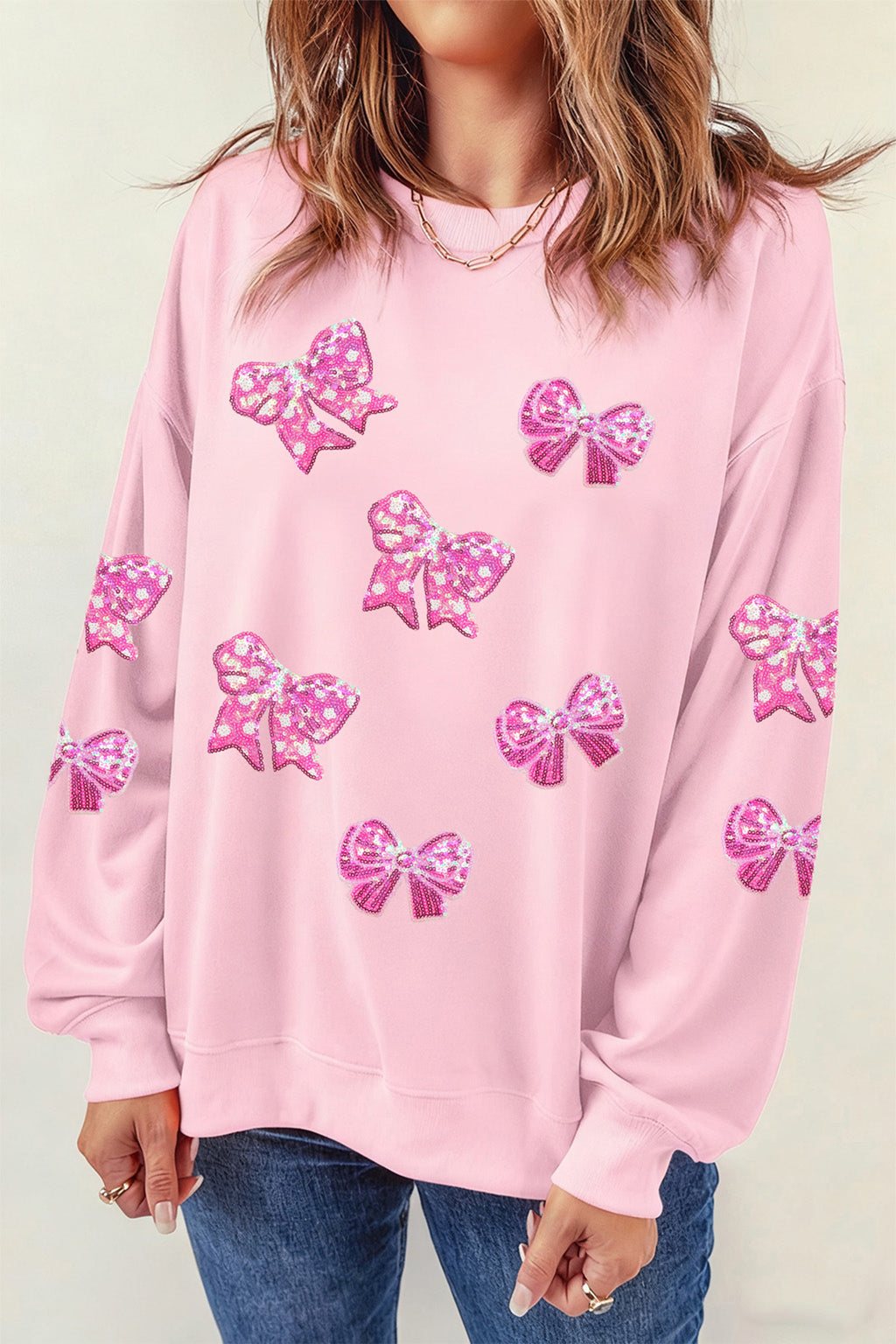 Pink Sequined Bow Patched Pattern Pullover Sweatshirt