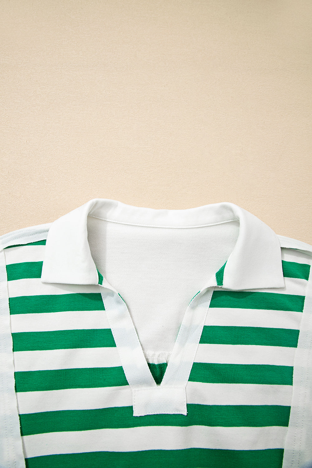 Green Striped Colorblock Patchwork Collared V Neck Cropped Pullover