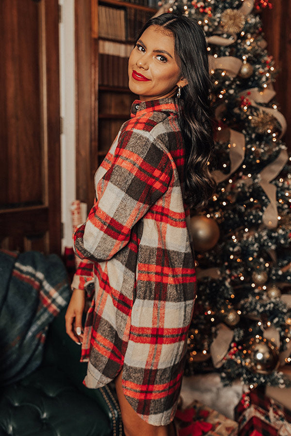 Red Plaid Button Front Side Slit Tunic Jacket