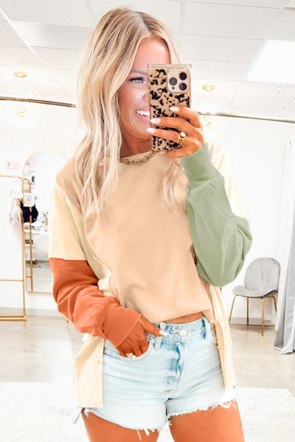 Beige Colorblock Patchwork Split Hem Casual Sweatshirt