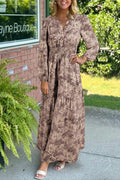 Brown Floral Print Smocked High Waist Long Sleeve Maxi Dress