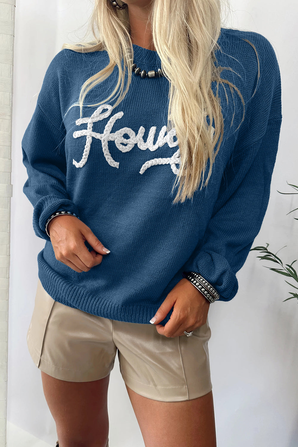 Dusk Blue Howdy Embroidered Graphic Sweater
