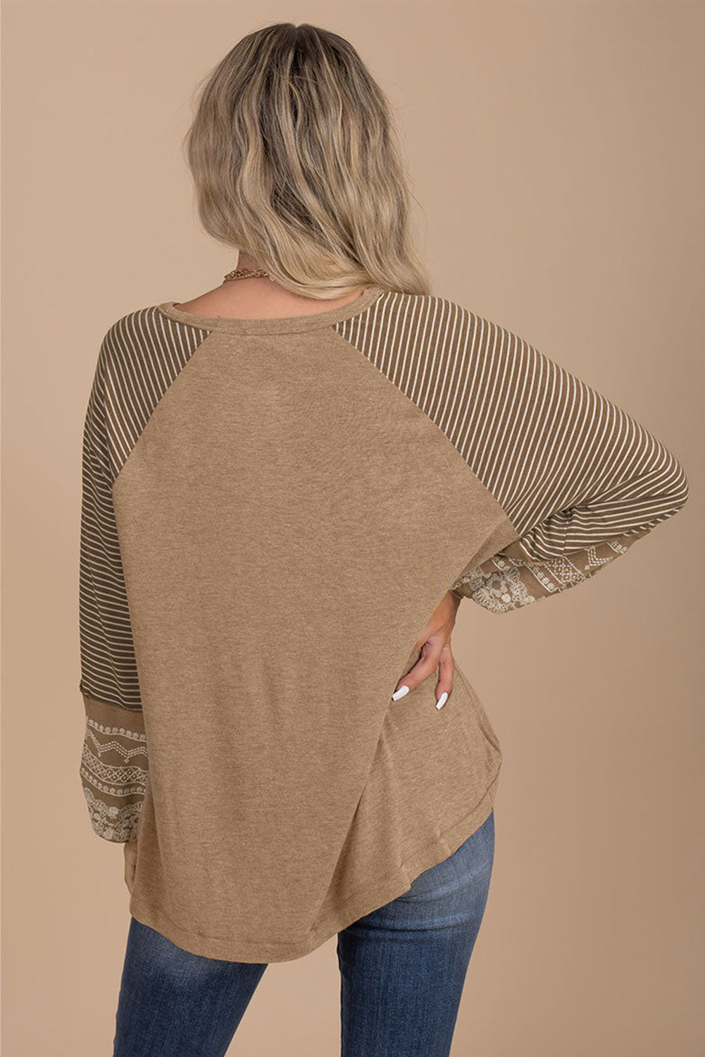 Medium Grey Contrast Print Striped Raglan Long Sleeve Loose Top