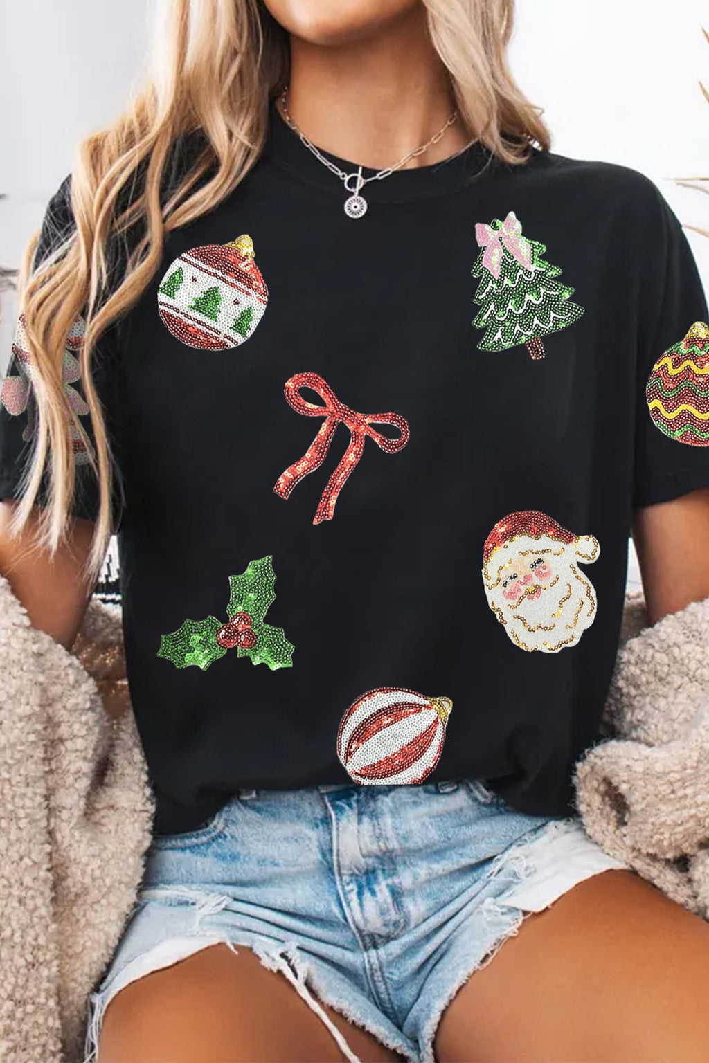Black Multi Christmas Element Sequin Patched Graphic Tee