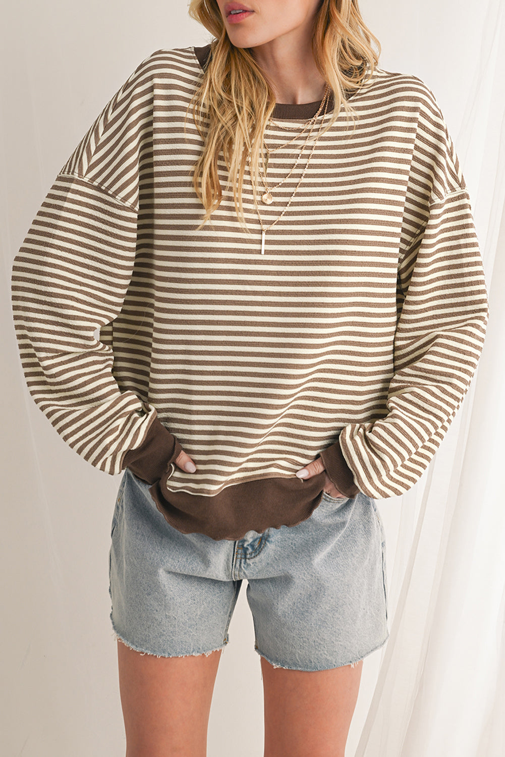 Brown Stripe Drop Shoulder Long Sleeve Top