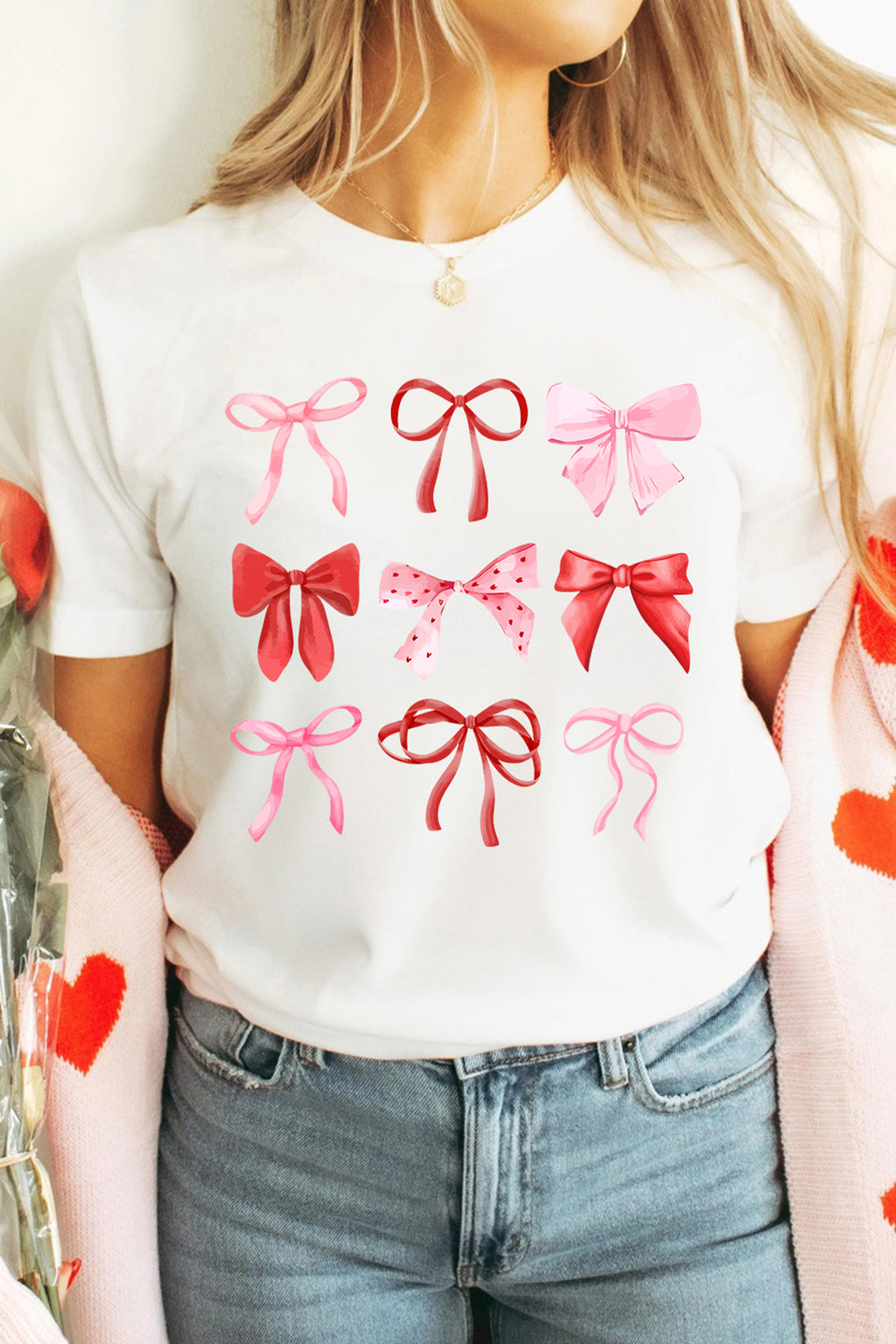 White Diverse Bow Printed Valentines Fashion T Shirt