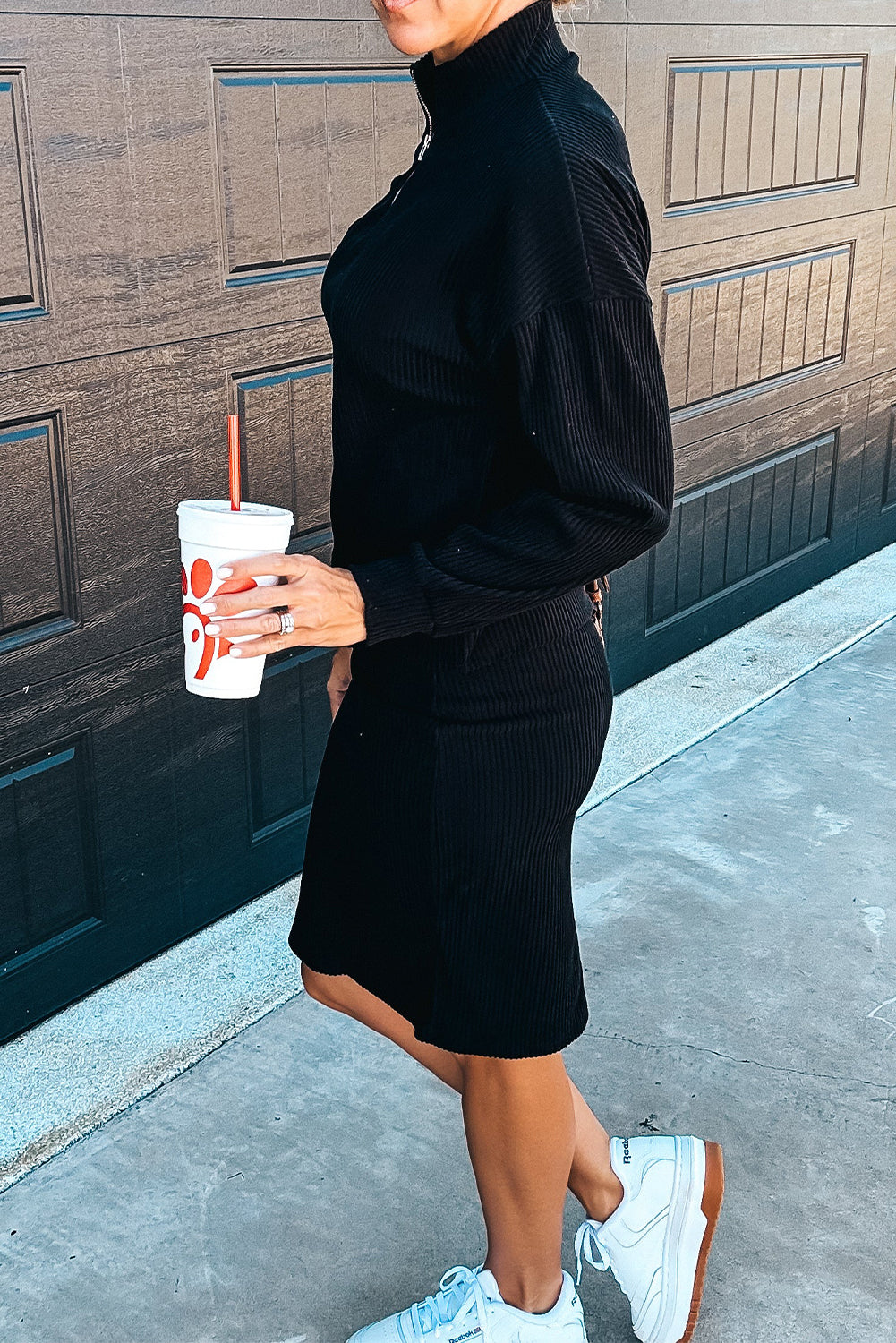 Black Ribbed Zip Neck Drop Shoulder Pullover Bodycon Skirt Set