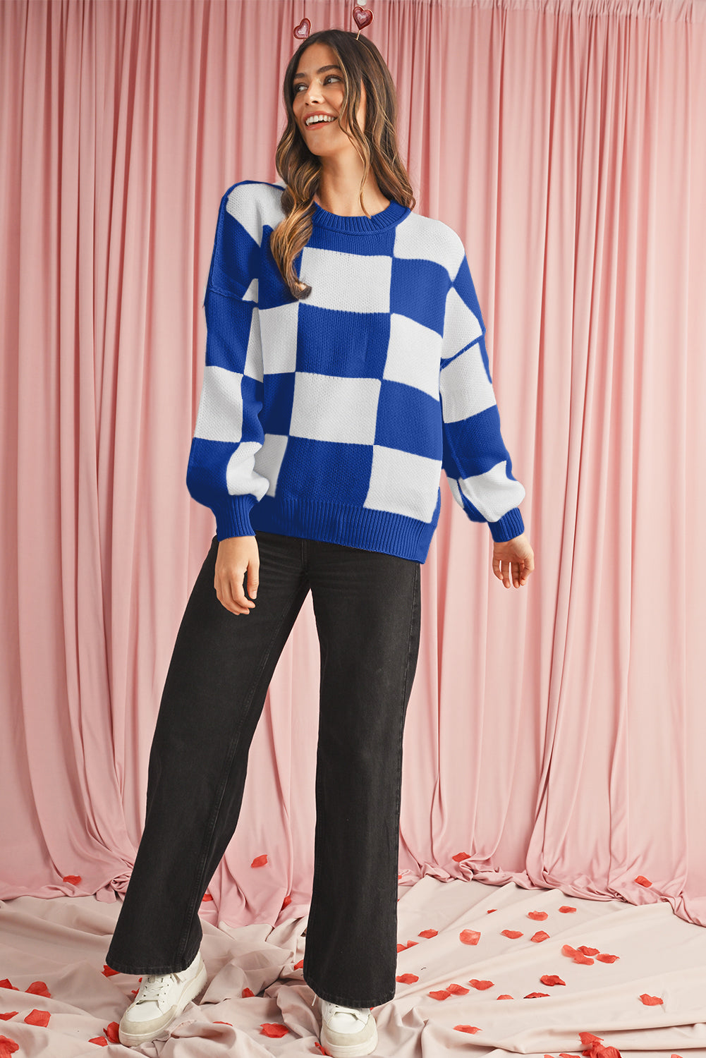 Pull à manches bouffantes à carreaux bleu foncé