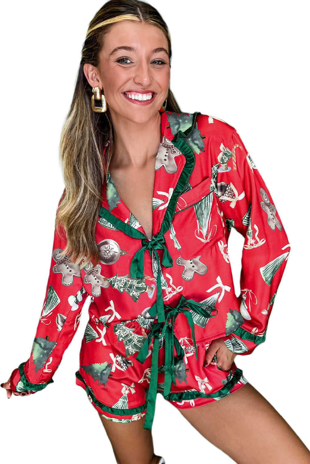 Red Christmas Print Contrast Frill Trim Ribbon Bow Pajama Set