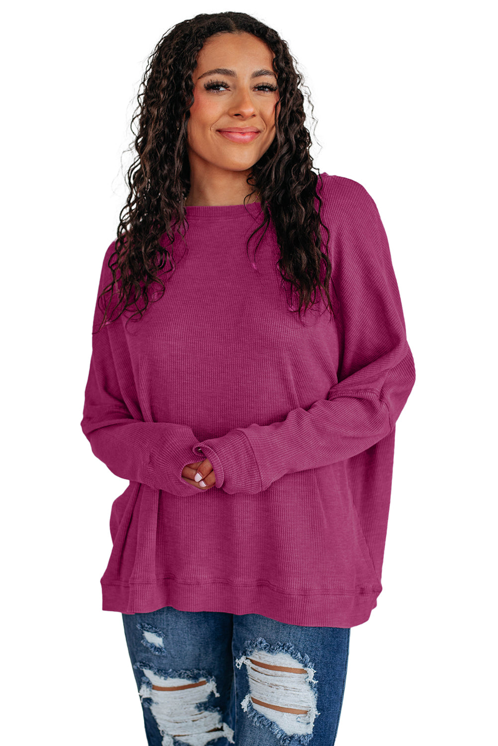 Bright Pink Ribbed Plain Long Sleeve Loose Top