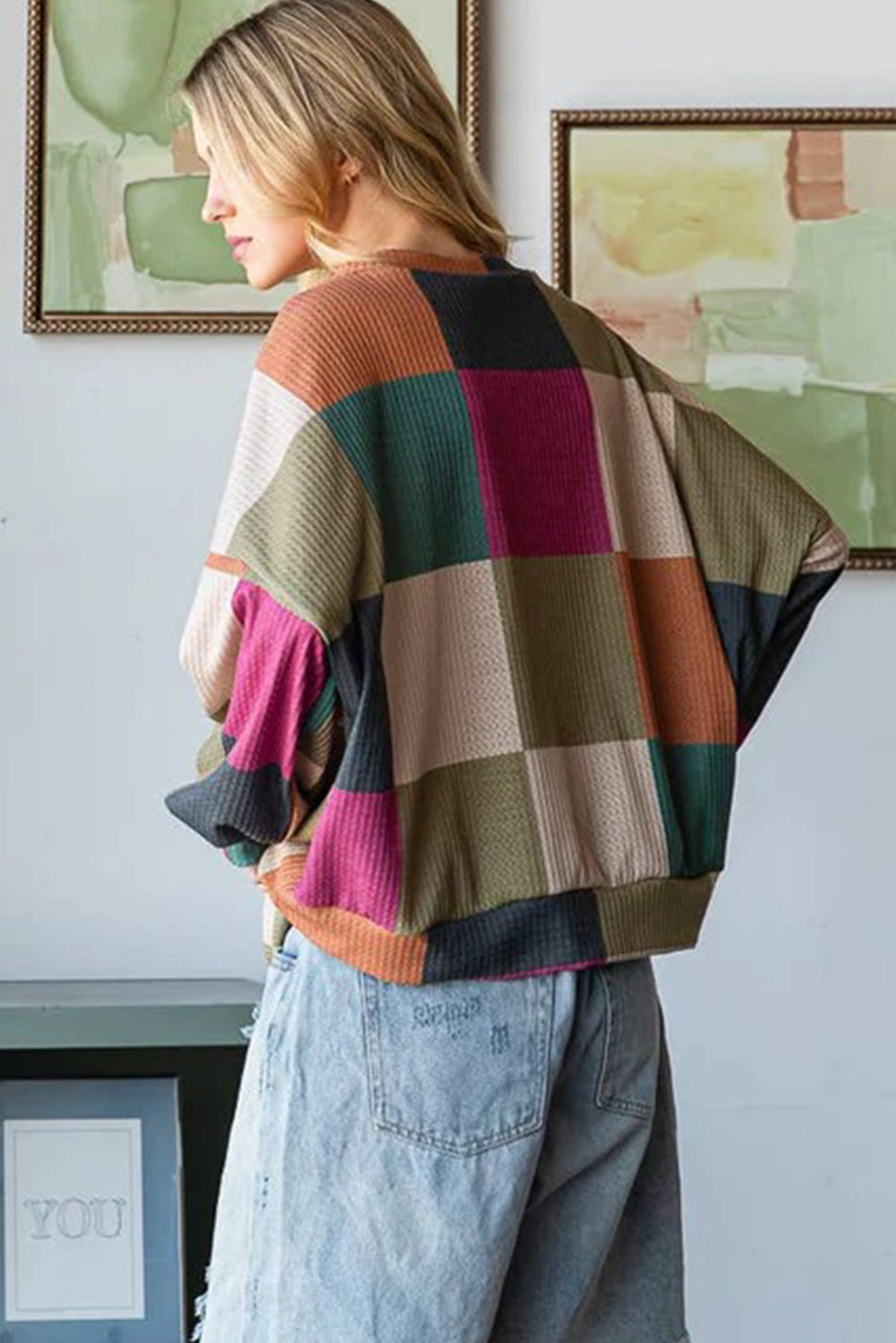 Haut ample à manches longues en maille texturée à carreaux verts