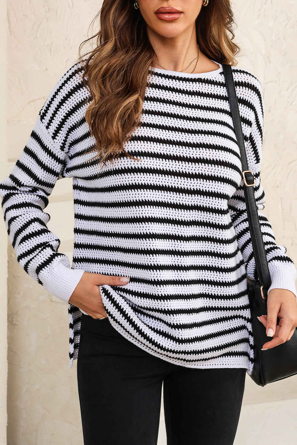 White Striped Knit Split Hem Baggy Sweater