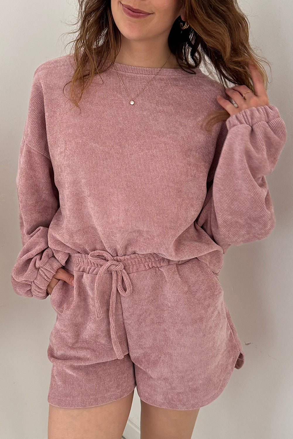 Fushia Textured Knit Drop Shoulder Pullover Drawstring Shorts Set