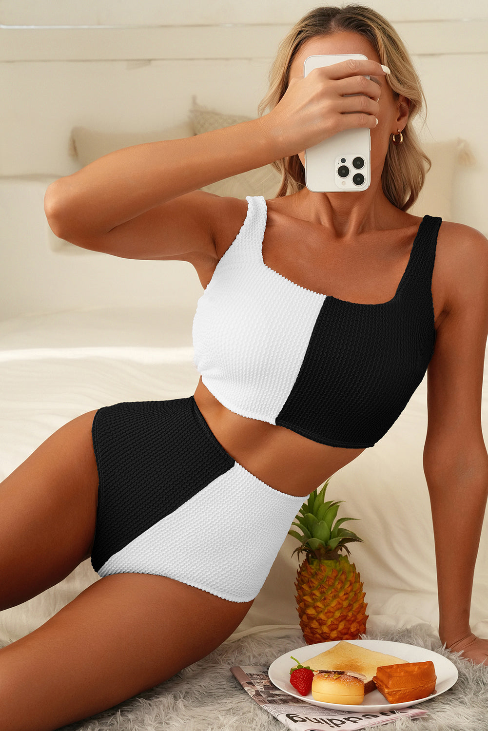 Black Corded Solid Square Neck Bikini Swimsuit