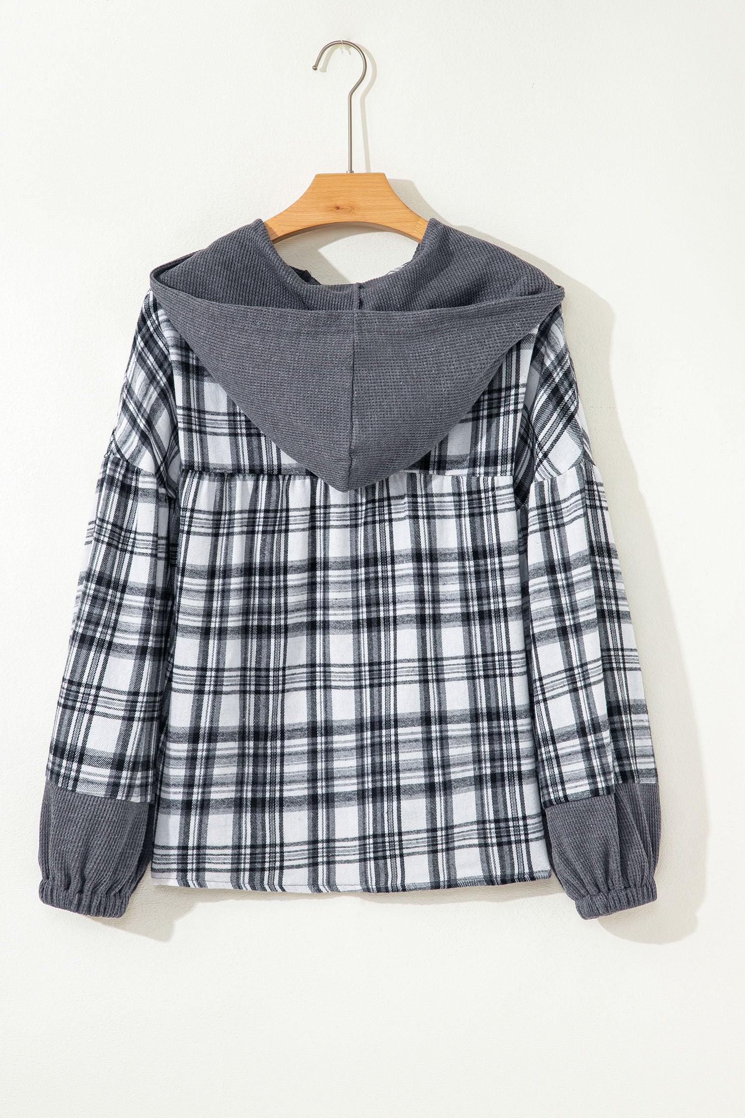Gray Plaid Patchwork Long Sleeve Button Hooded Blouse