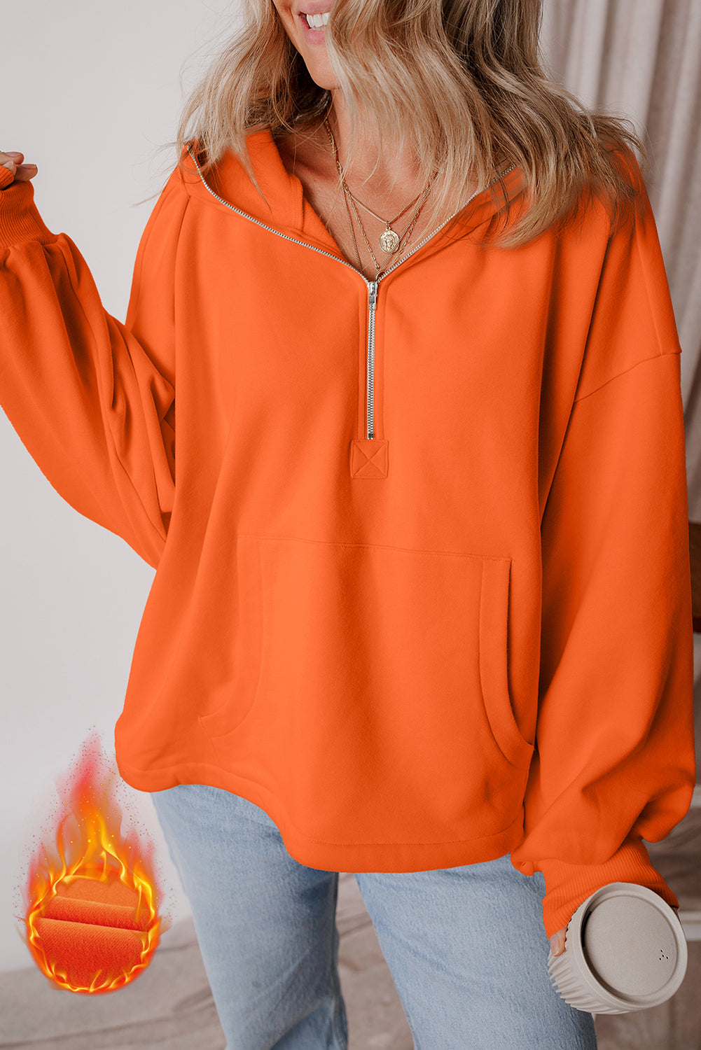Orange Half Zipper Kangaroo Pockets Drop Shoulder Hoodie