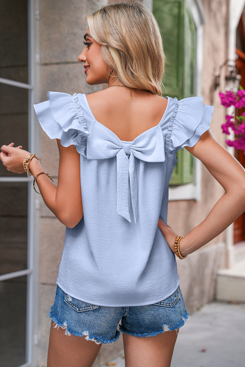 Beau Blue Textured Bow Frilled Ruffle Sleeve Blouse