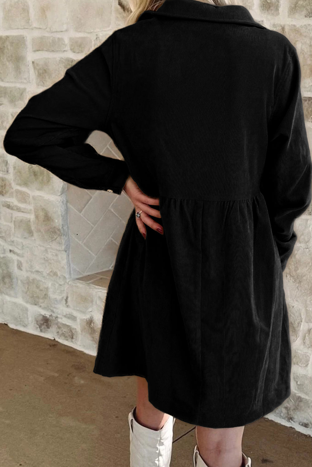 Black Shimmer Christmas Tree Patched Patterned Half Buttons Long Sleeve Dress