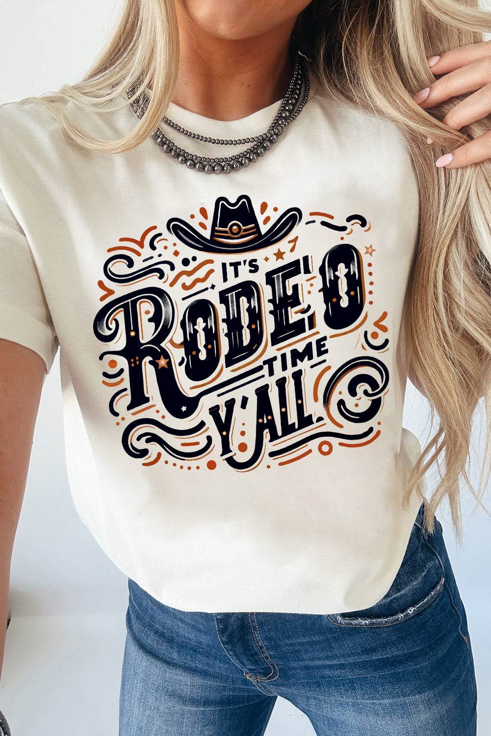 White IT'S RODEO TIME YALL Crewneck Graphic T Shirt