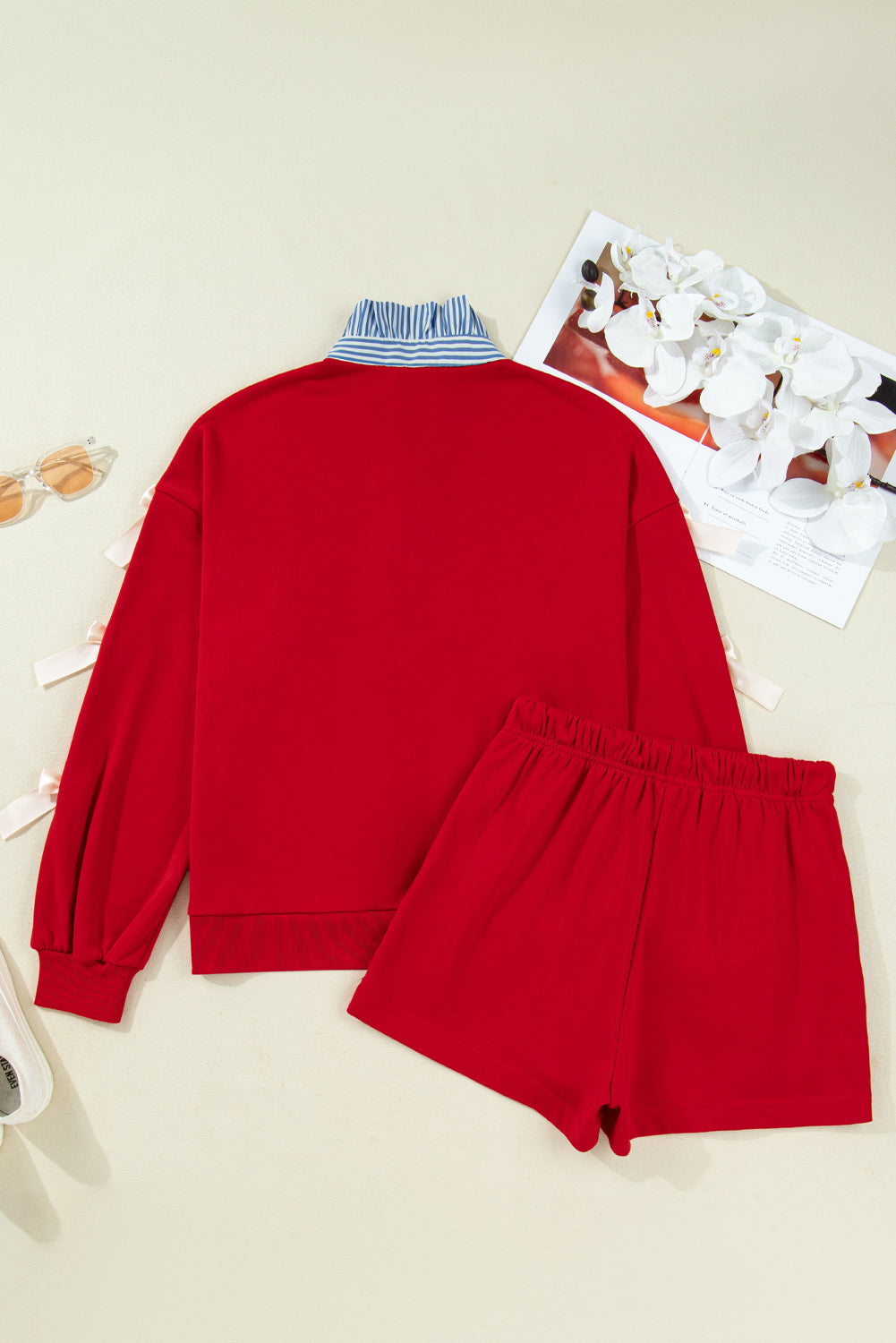 Racing Red Striped Collar Knot Sleeve Sweatshirt and Shorts Set