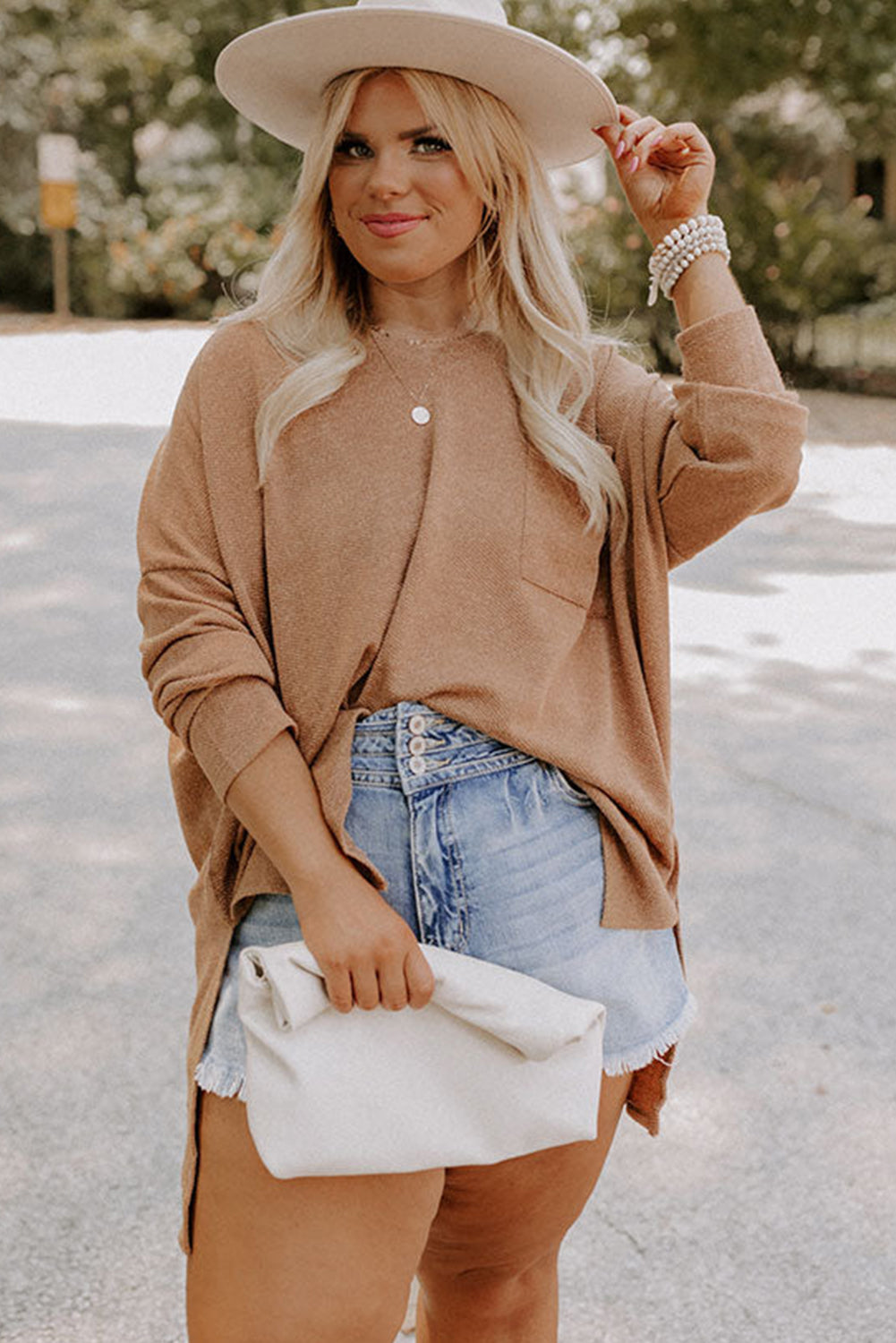 Tunique en maille parchemin grande taille à épaules tombantes