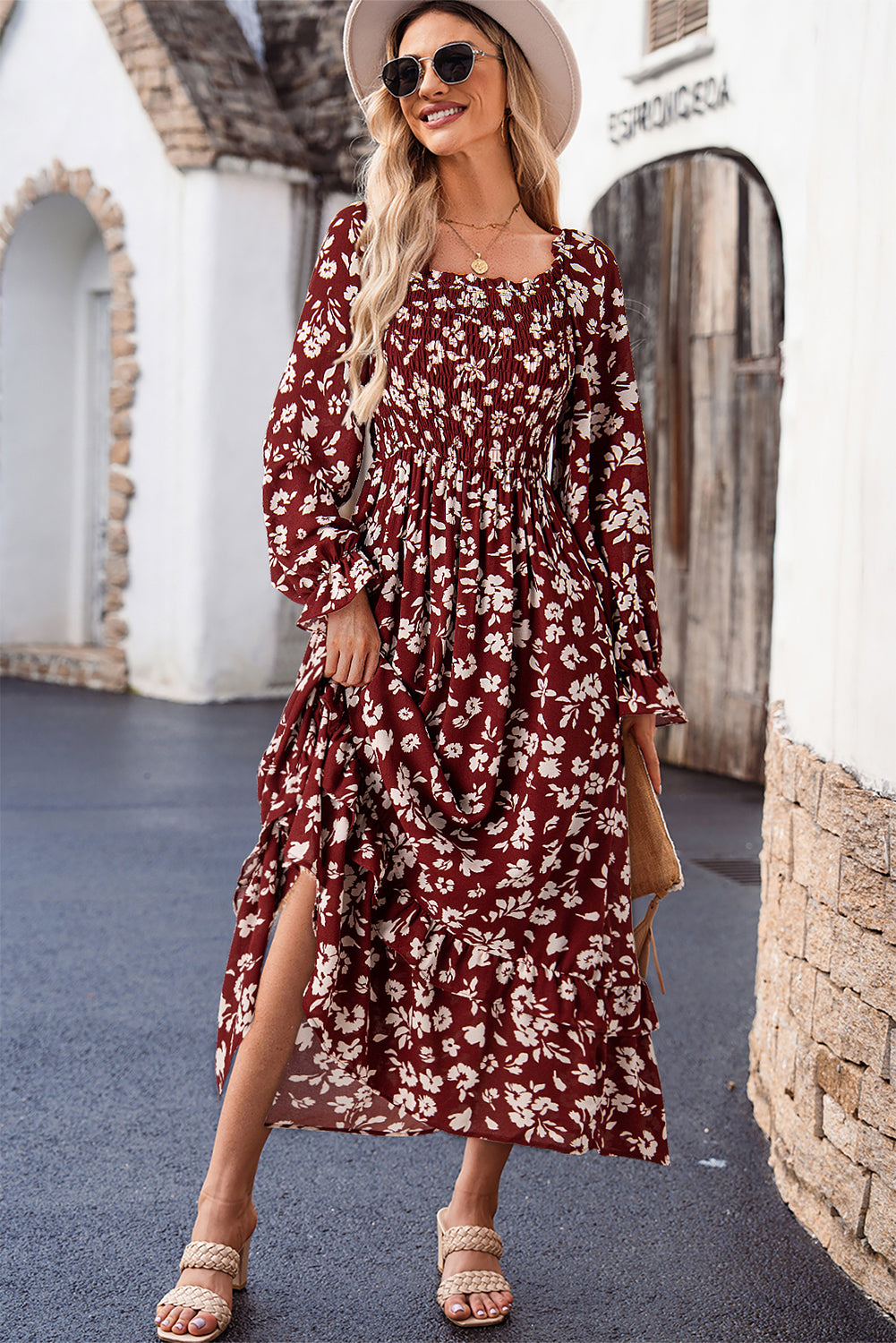 Red Floral Print Long Sleeve Square Neck Smocked Maxi Dress