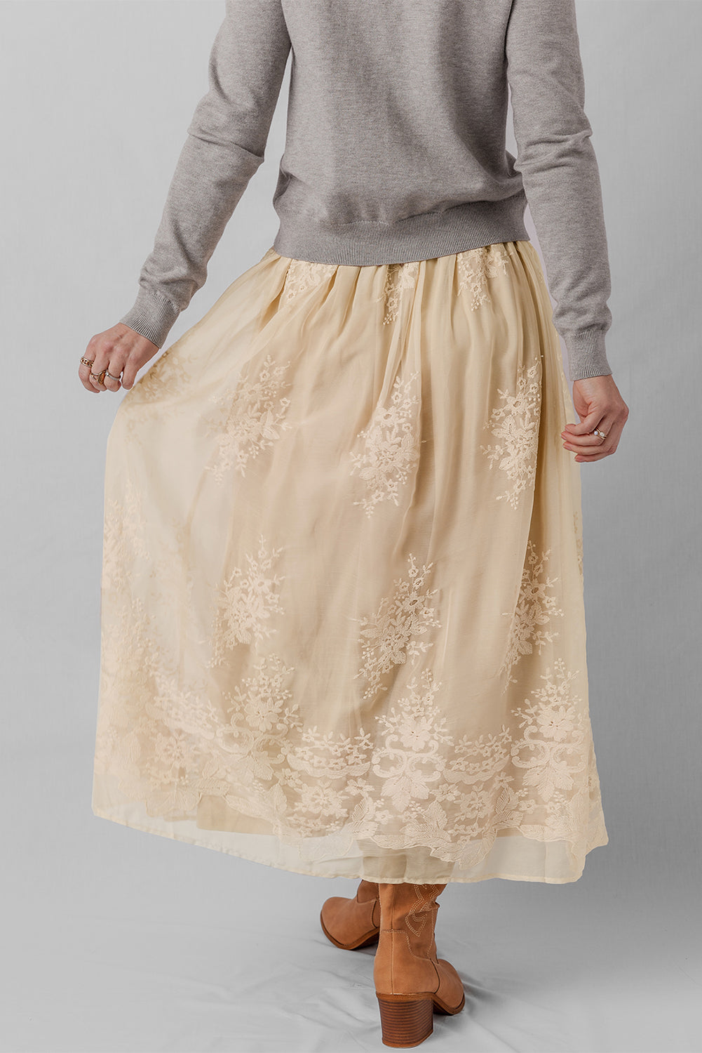 Oatmeal Embroidered Mesh Overlay Flowy Long Skirt