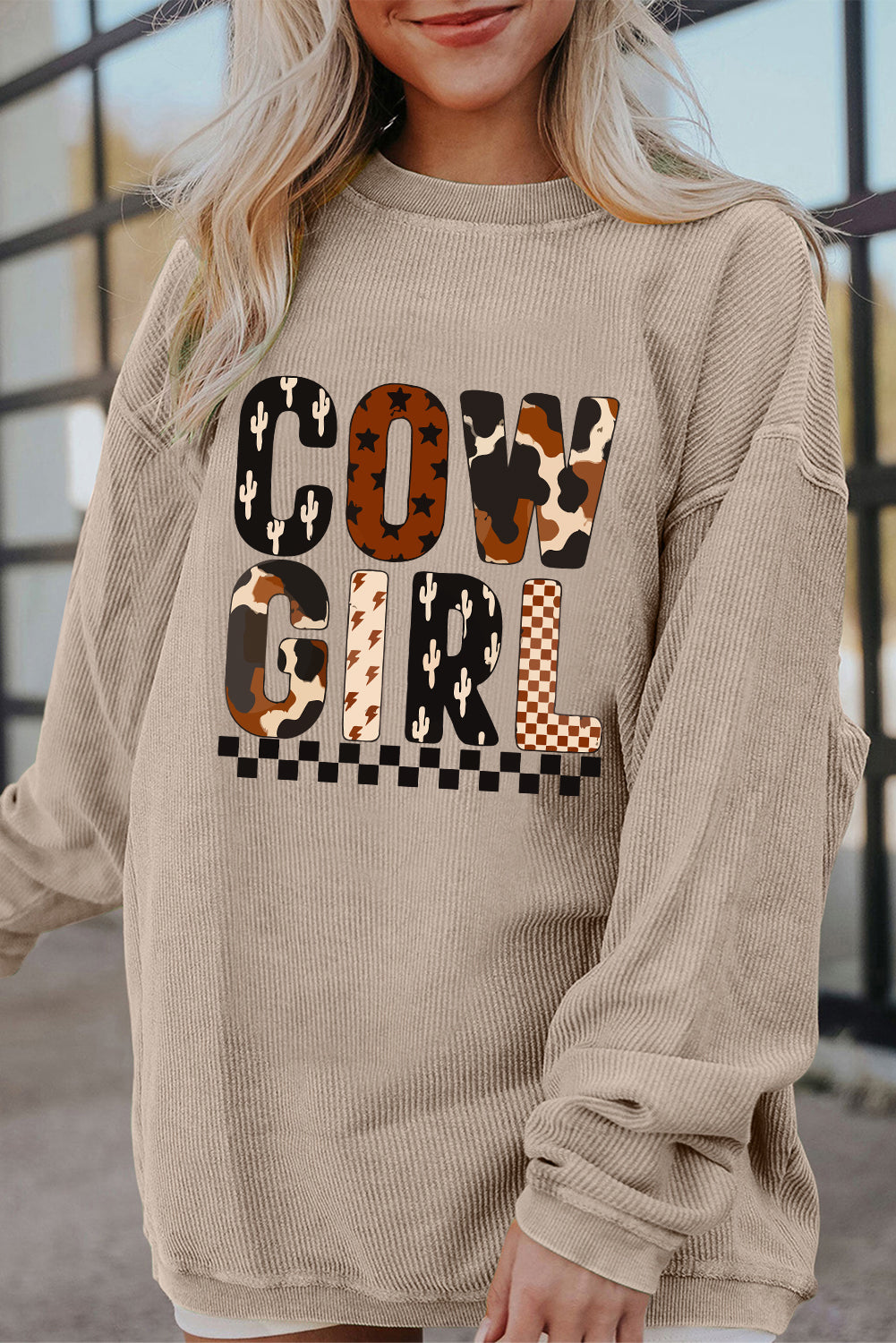 Smoke Gray Letter Print Corduroy Baggy Sweatshirt