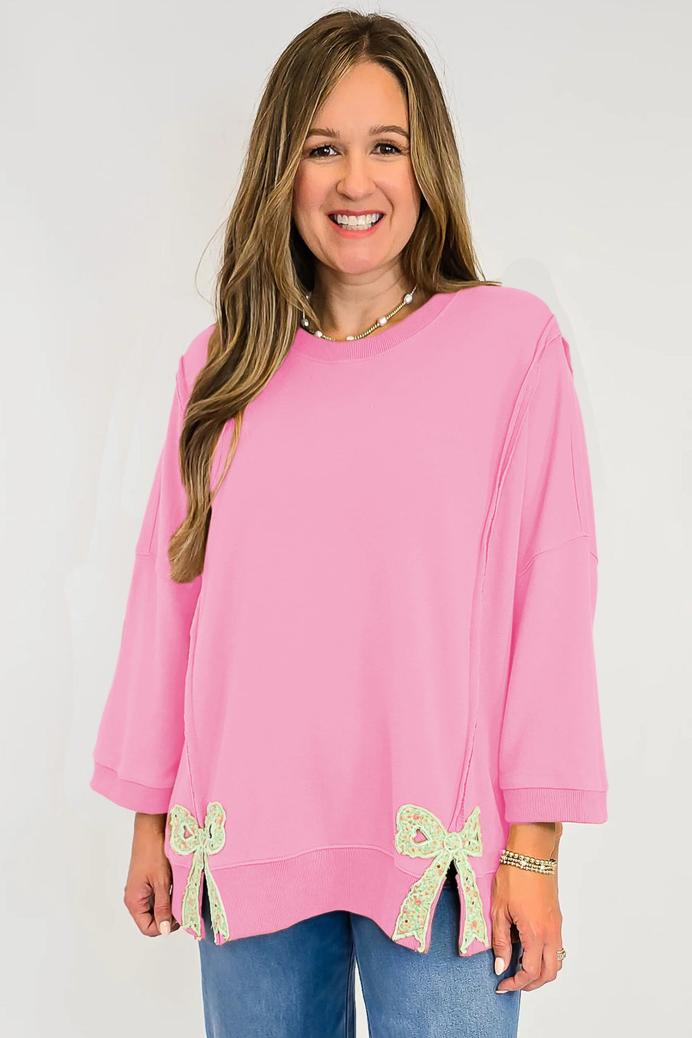 Fiery Red Floral Bow Patched Exposed Seam Patchwork Slit Baggy Sweatshirt