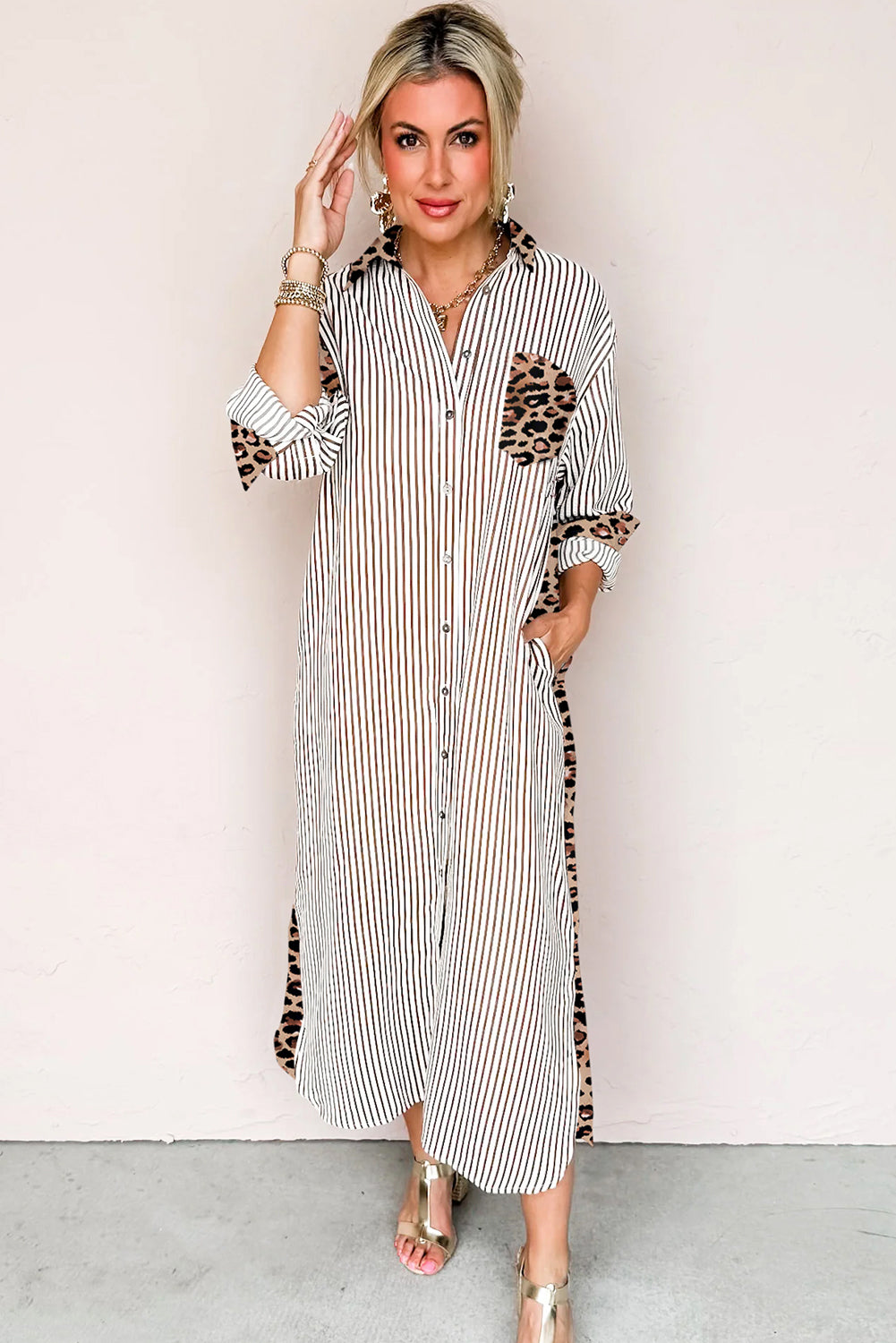 Brown Stripe Contrast Leopard Patchwork Shirt Dress