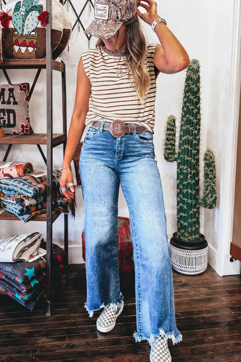 Débardeur ample à rayures marron et col rond côtelé