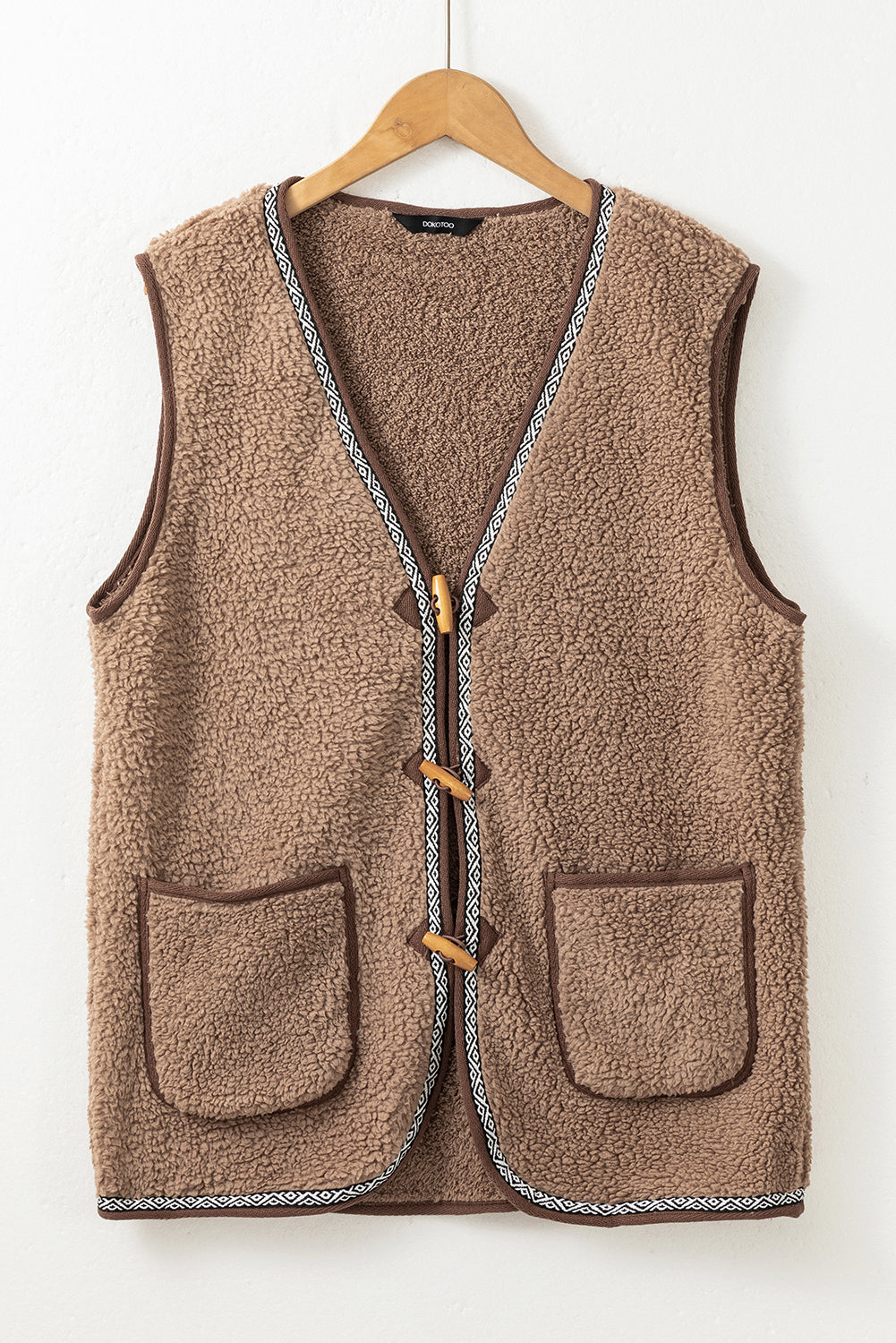 Dark Khaki Sherpa Contrast Trim Patch Pocket Cartridge Toggle Button Vest