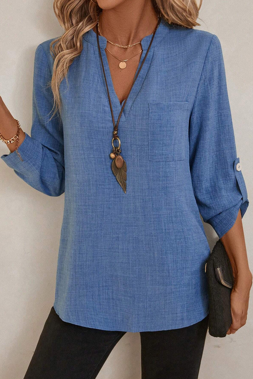 Ashleigh Blue Chest Pocket V Neck Plain Roll-up Sleeve Blouse