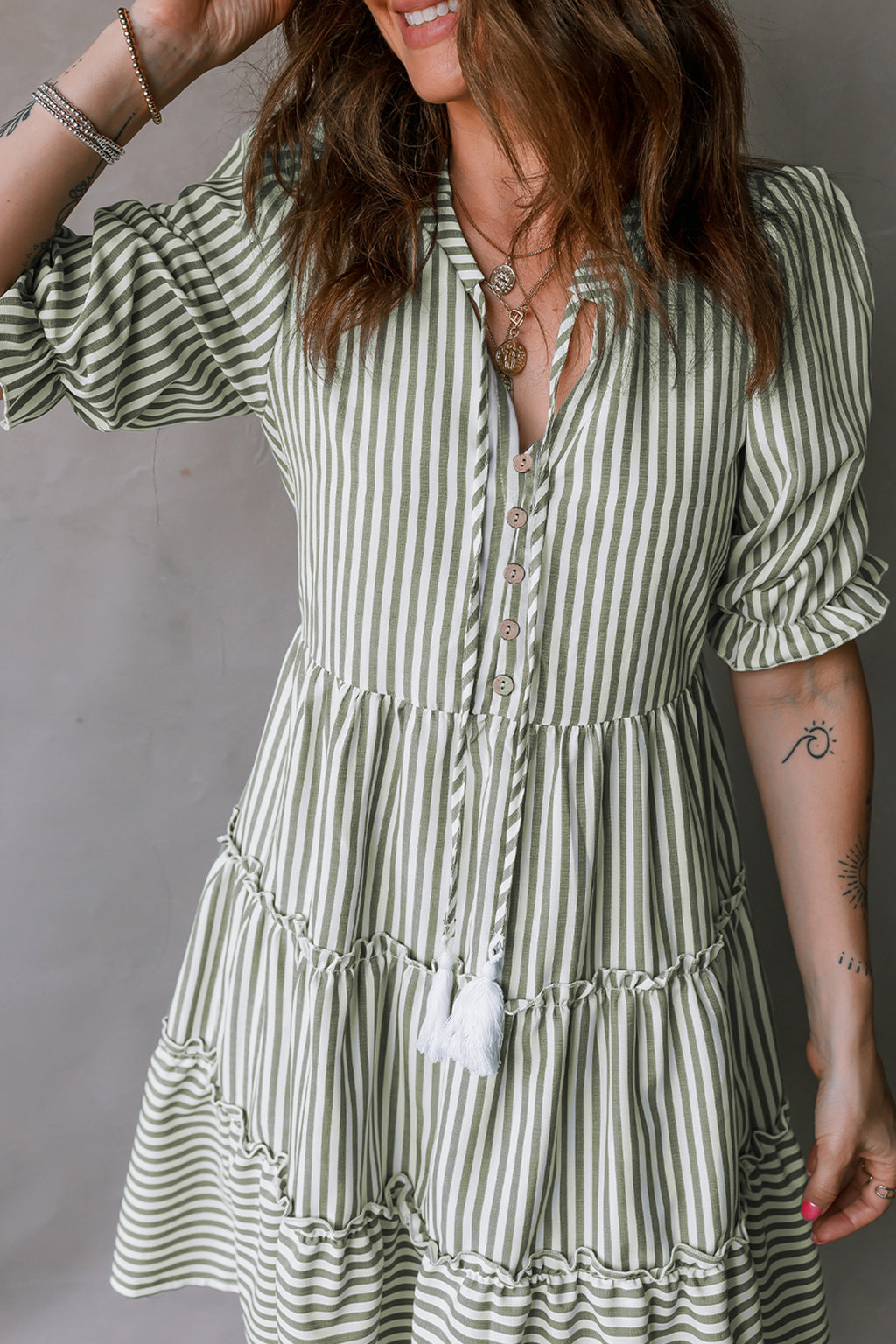 Green Stripe Tasseled Tie Neck Ruffled Short Sleeve Tiered Flattering Dress