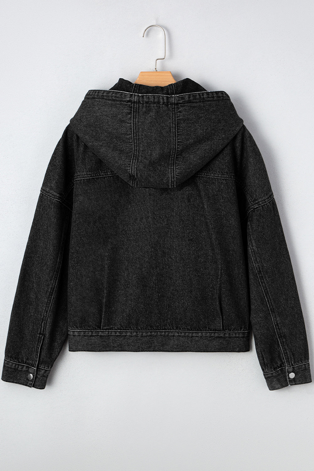 Black Chest Pocket Drop Shoulder Hooded Denim Jacket