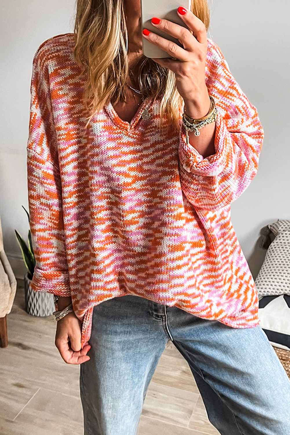 Orange Vibrant Abstract Print Drop Shoulder V Neck Oversized Sweater