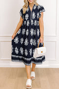 Blue Western Ethnic Print Notched Neck Short Sleeve Midi Dress