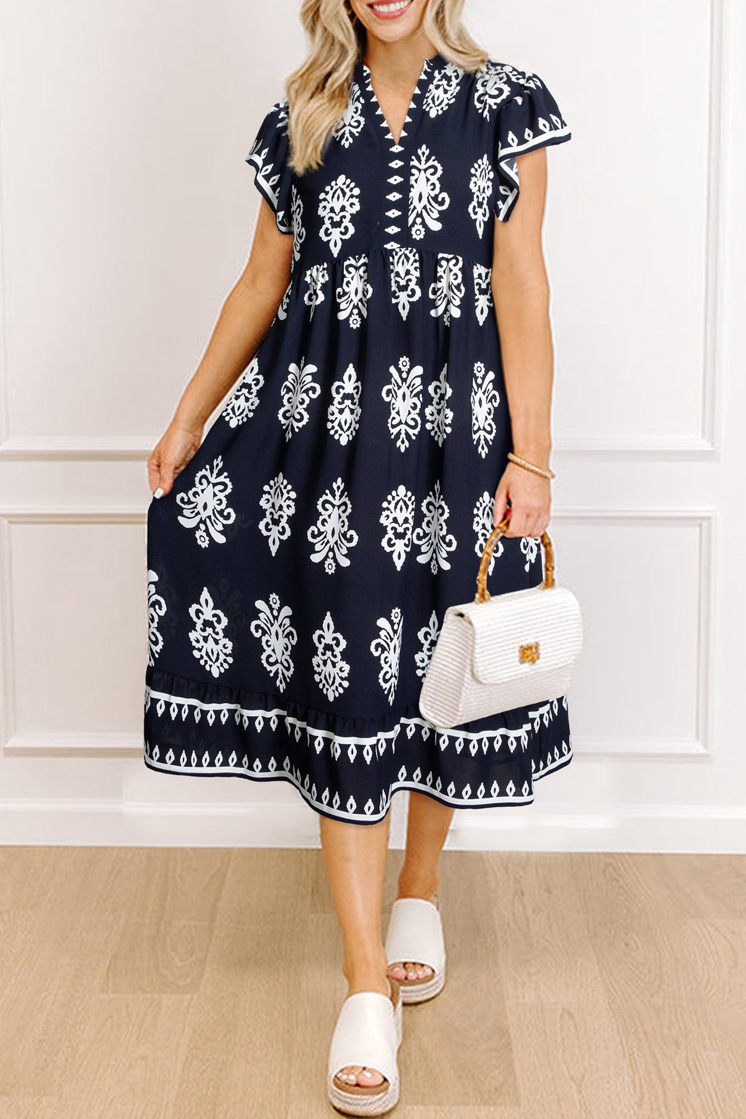 Blue Western Ethnic Print Notched Neck Short Sleeve Midi Dress